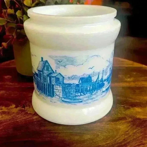 70s Milk Glass Humidor Canister Tobacco Jar Blue Coastal Fishing - Picture 2 of 5
